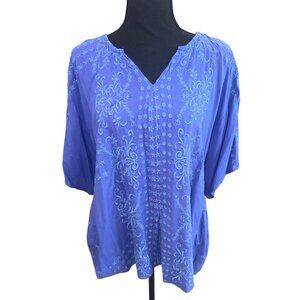 Tru Luxe Cobalt Blue Embroidered Boho Cottage Core Casual Tunic S/S Blouse Top S